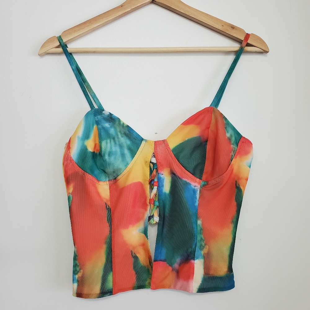 Princess Polly 6 Crop Tank Top Fitted Watercolor Abstract Multi Colors Mesh Boho